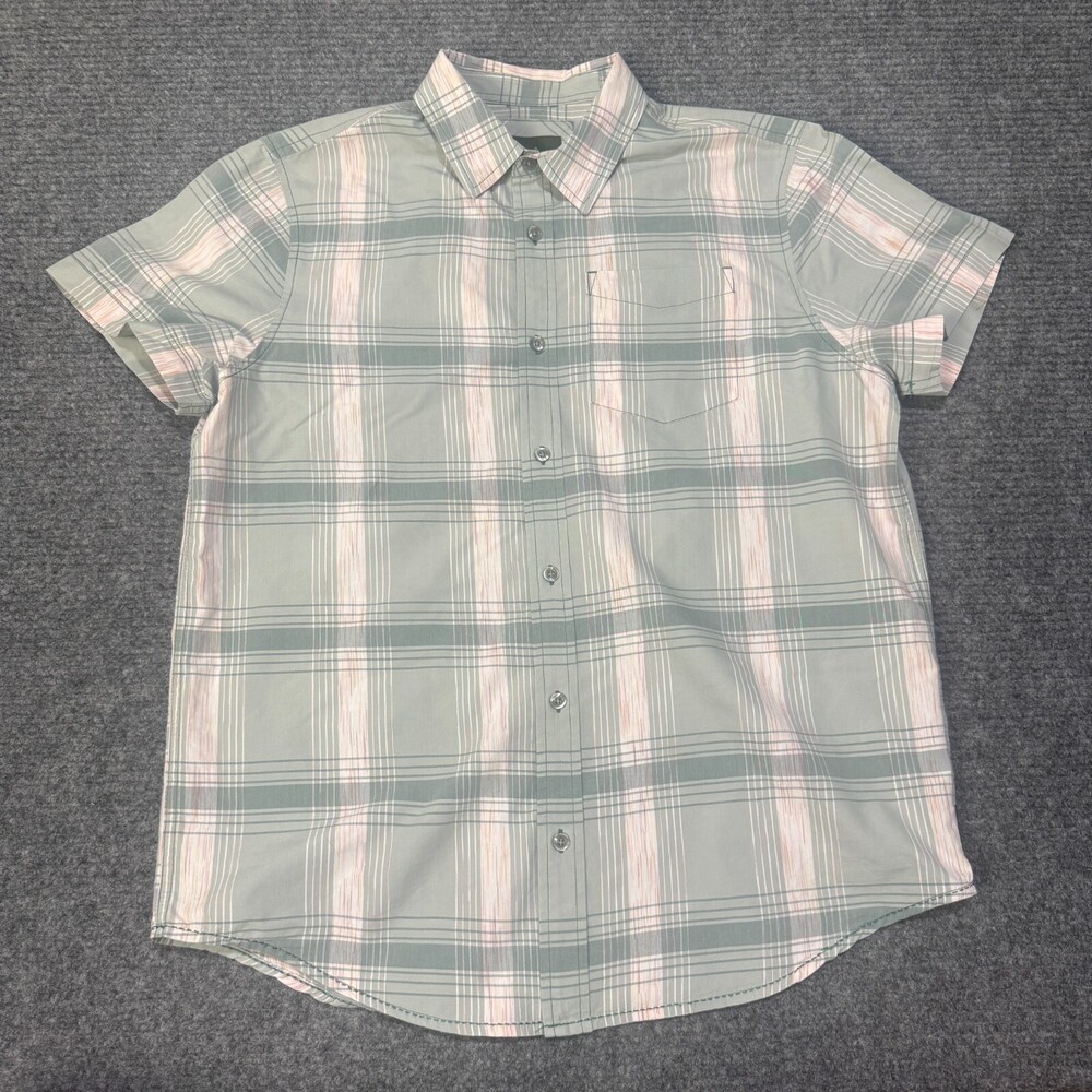 PrAna Shirt Mens Medium Green Plaid Short Sleeve Button Up Lightweight Outdoor